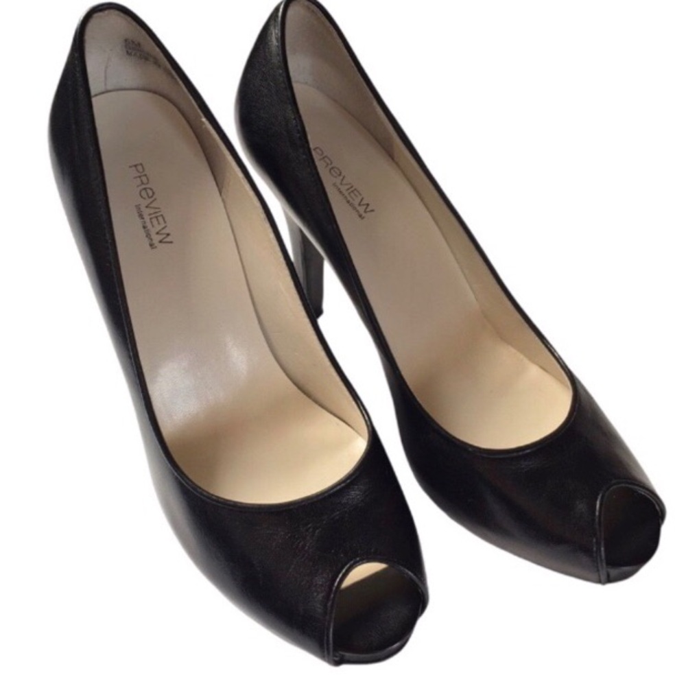 Preview International Leather Black Heels Open Toe Casual Office Shoes 6 M